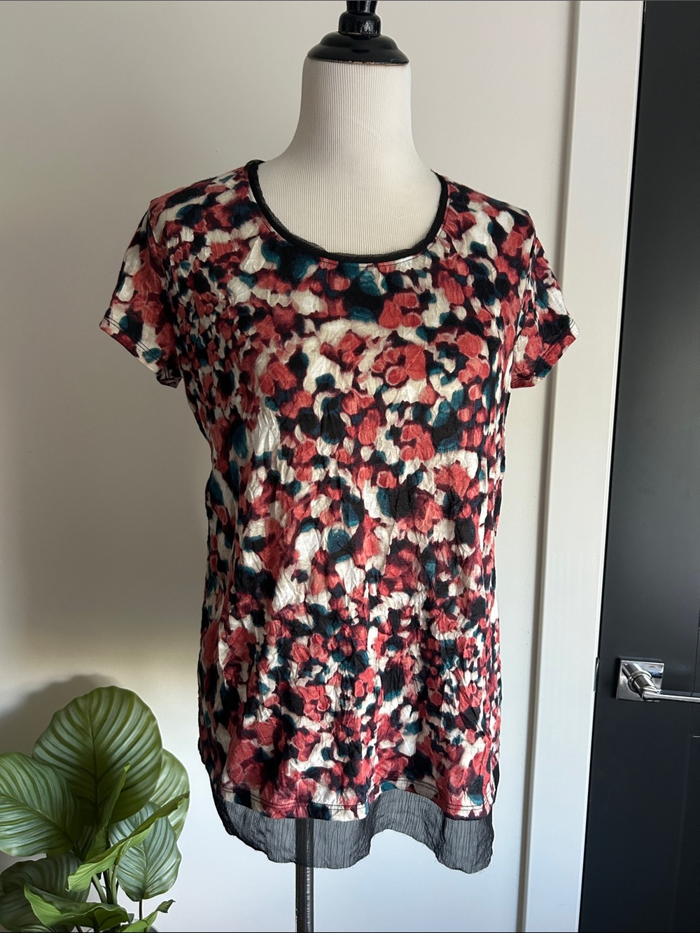 🌺🖤 M Floral Print Short Sleeve Top - coral black burgundy